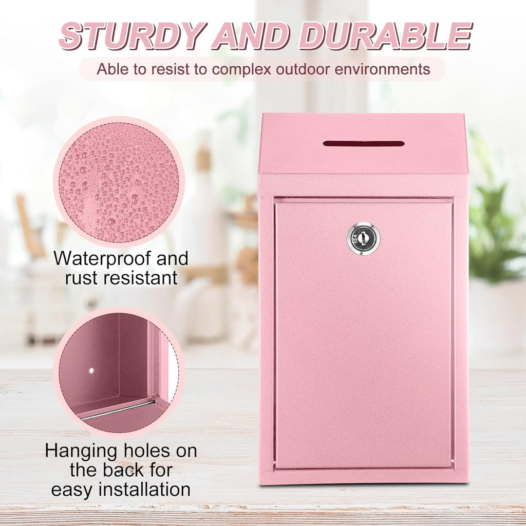 Metal Donation Cash Box Collection Safe Suggestion Box with Lock Wall Mounted Mailbox Delivery Ballot Container for Home Office Outdoor Door(Pink)