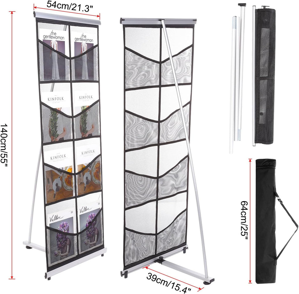 PATIKIL Portable Magazine Display Racks Floor Standing Double A4 8 Mesh Pockets Brochure Stand Catalog Literature Holder for Hotel, Exhibition, Office, Black