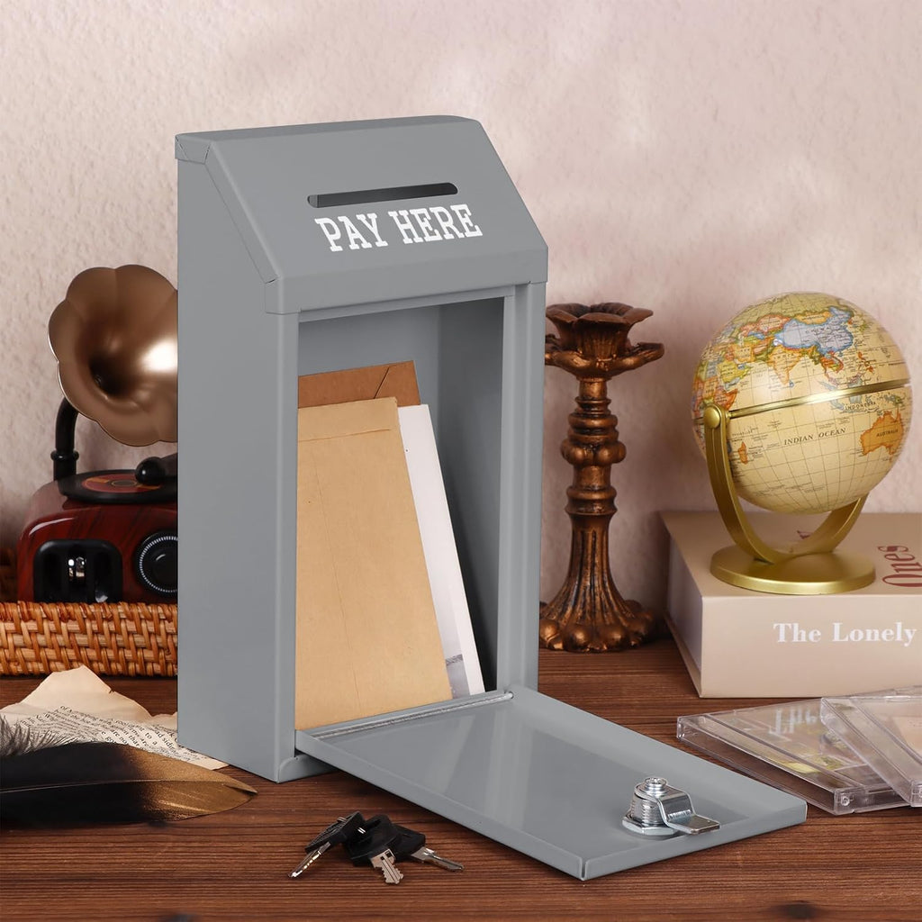 Metal Donation Box Collection Safe Suggestion Box with Lock Wall Mounted Mailbox Delivery Ballot Case Key Drop Case for Home Office Outdoor Door (Grey, 10.24 x 5.71 x 2.95 Inch)