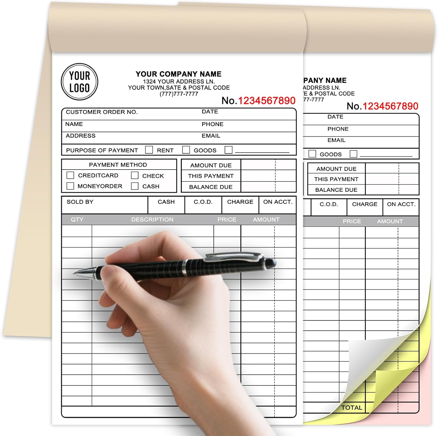 Custom Invoice Receipt Book for Small Business 5.5x8.5" Personalized 3-Part Contractor Duplicate Carbonless Sales Forms with Company Name Address Phone Number 150 Sets