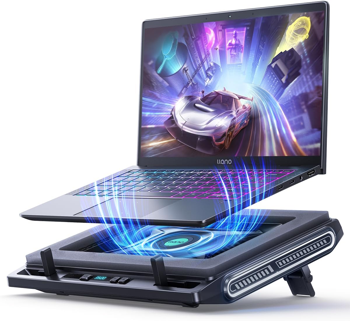 llano Laptop Cooler, Gaming Laptop Cooling Pad with 3500RPM Turbofan, 4.72 Inch External Fan Laptop Stand, Adjustable Variable Speed, Button Control, Seal Foam for Rapid Laptop13-17.3in, V10, Black