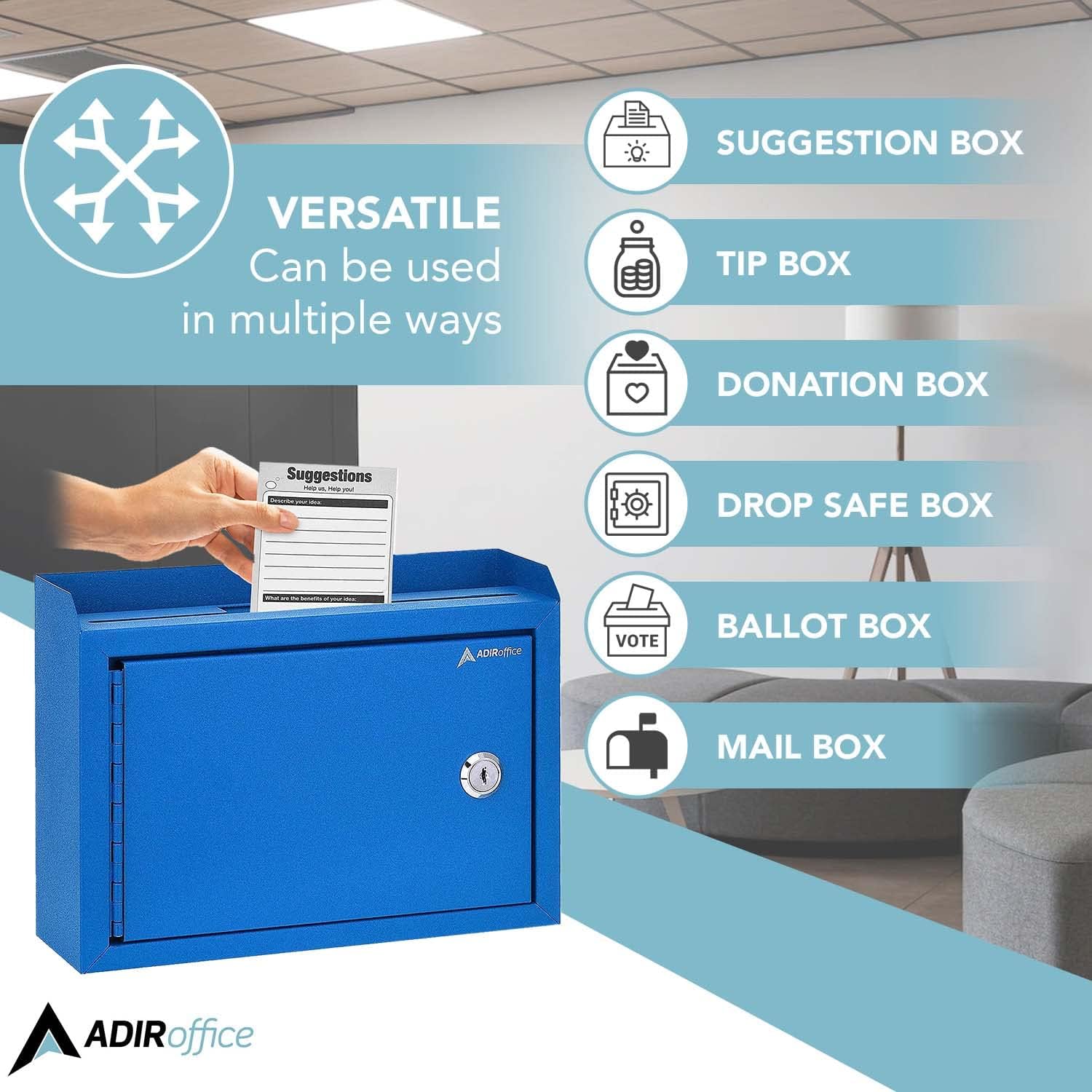 Adir Corp Suggestion Box with Slot and Lock - Drop Box with Lock, Cash Dropbox - 9.8x7.5x3.4 Inches Wall Mount Donation Box - Metal Deposit Box (Blue)