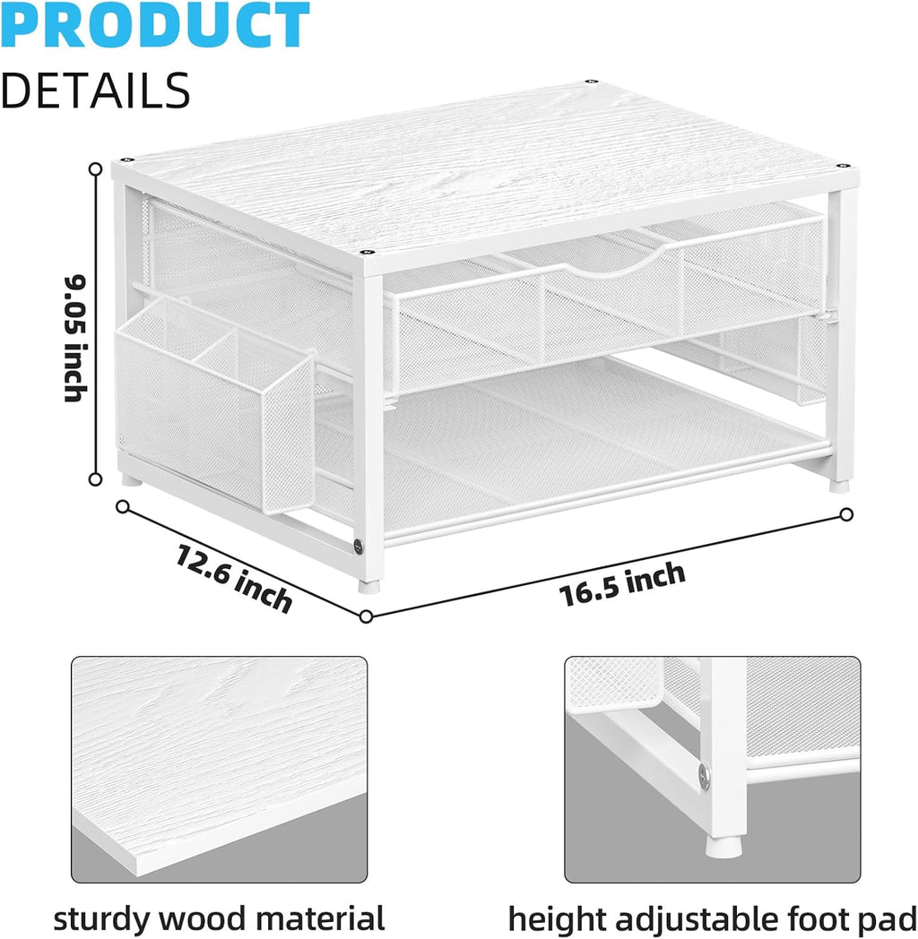 Marbrasse Wood Printer Stand for Desk, 2-Tier Desktop Printer Table for Home Office, Printer Stand with Storage Drawer 2 Pen Holders, Multi-Purpose Desk Organizer for Fax Machine Scanner(Wood White)