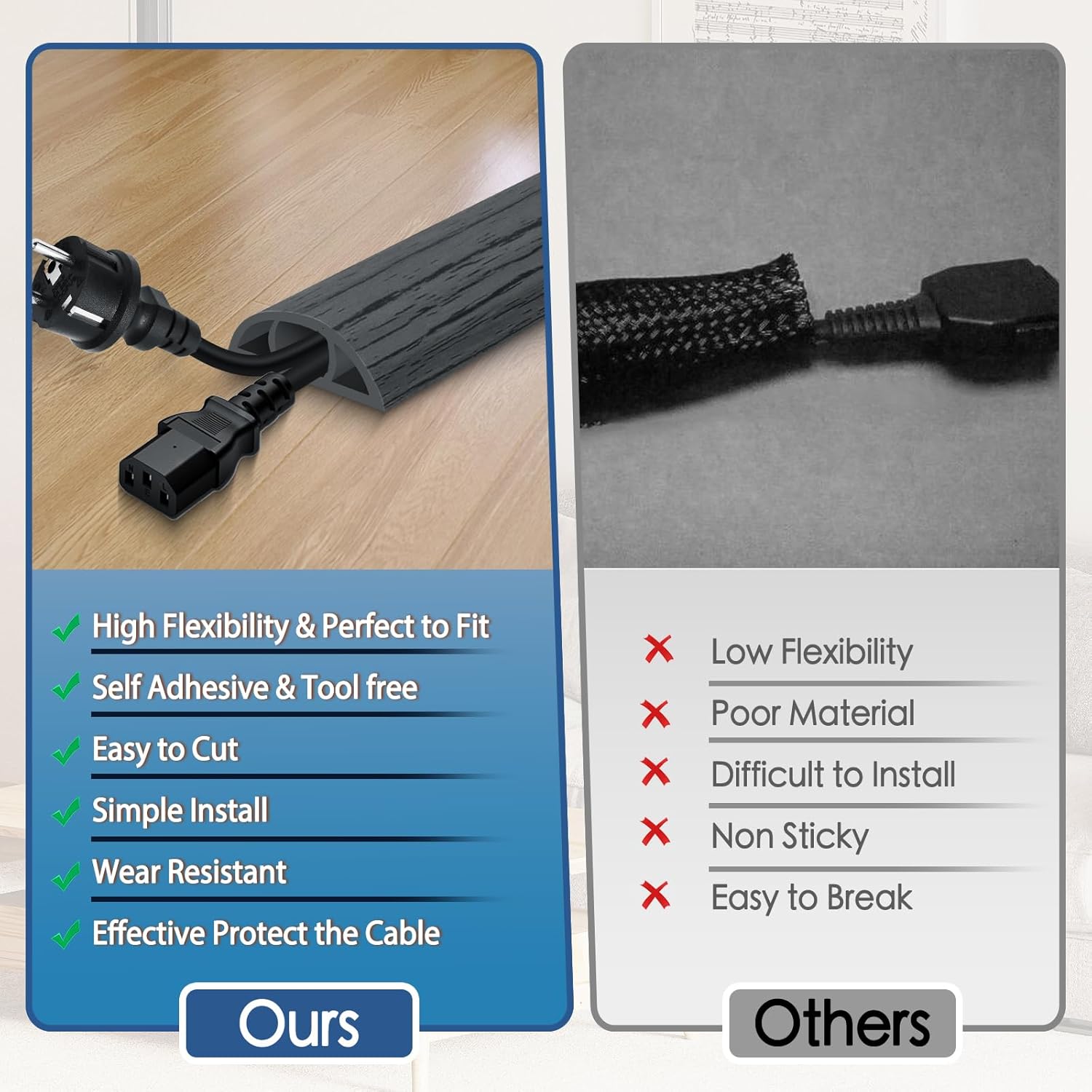 Floor Cord Cover for Wires on Floor Self Adhesive Cord Hider Floor Cable Management Wire Covers for Cords Protector Prevent Cable Trips Cord Cavity W 0.47" x H 0.27", Deep Gray Wood, 20Ft