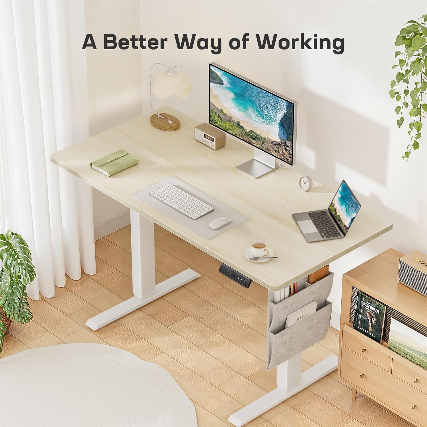 Marsail Electric Standing Desk Adjustable Height Home Office Desks 55"x28" with Storage Bag,Sit Stand up Desks for Study,Writing,Work Computer 4 Memory Preset with Headphone Hook