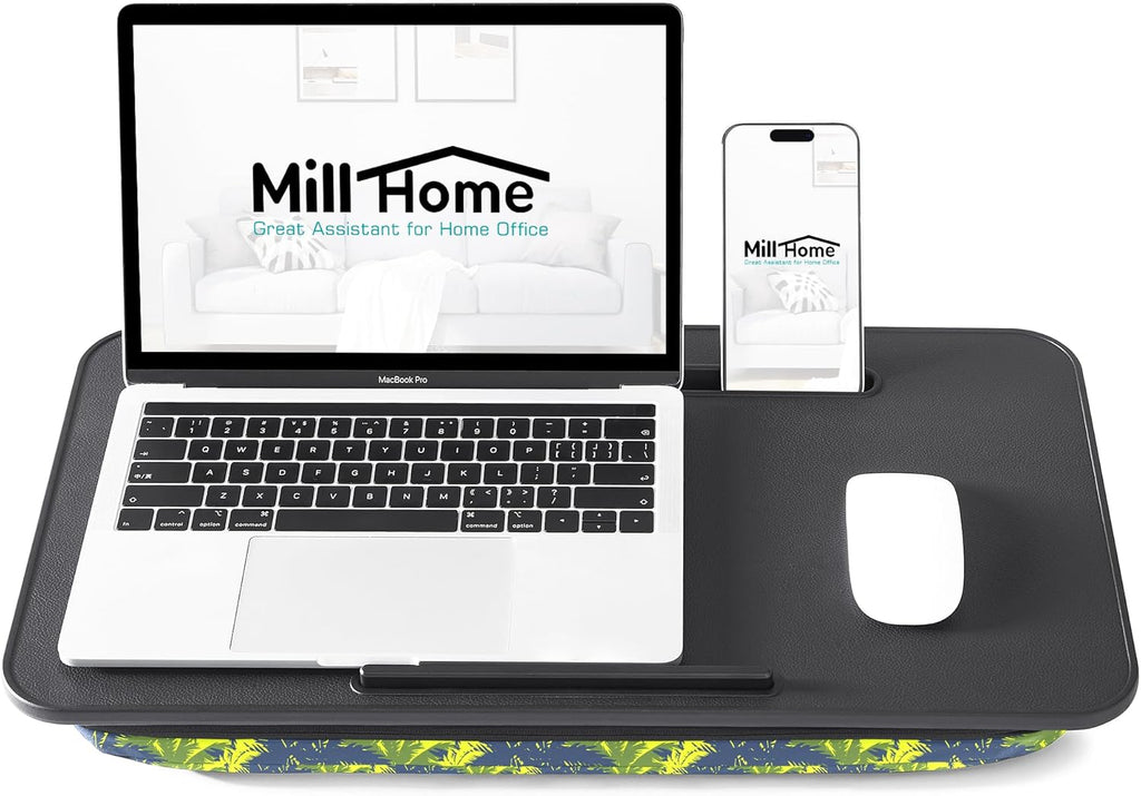 Millhome Lap Desk | Portable Laptop Desk – Fits Up to 17.3" Laptops – Detachable & Washable Cushion, Phone Holder, Device Ledge – for Writing, Working, Reading on Bed, Couch, Sofa, Floor – Green Palm