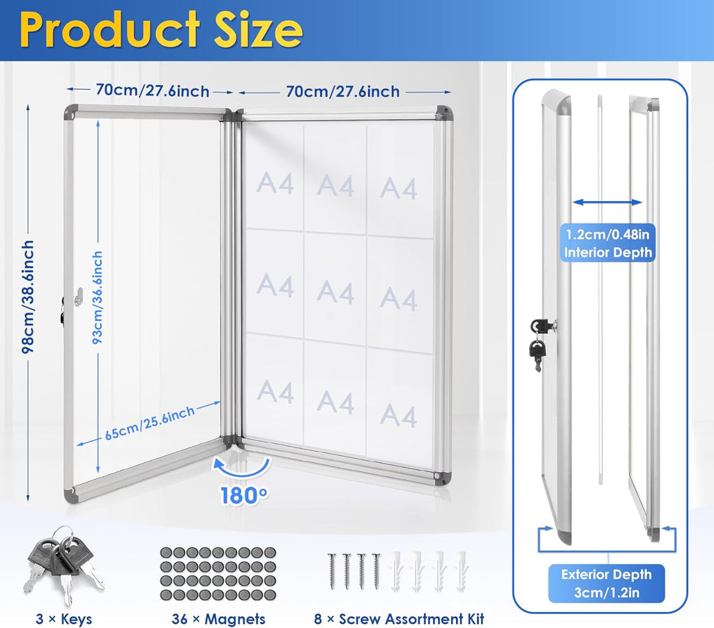 SWANCROWN Locking Bulletin Boards Enclosed Noticeboard White Glass Message Boards Indoor for School Office 38x28inch(9xA4)