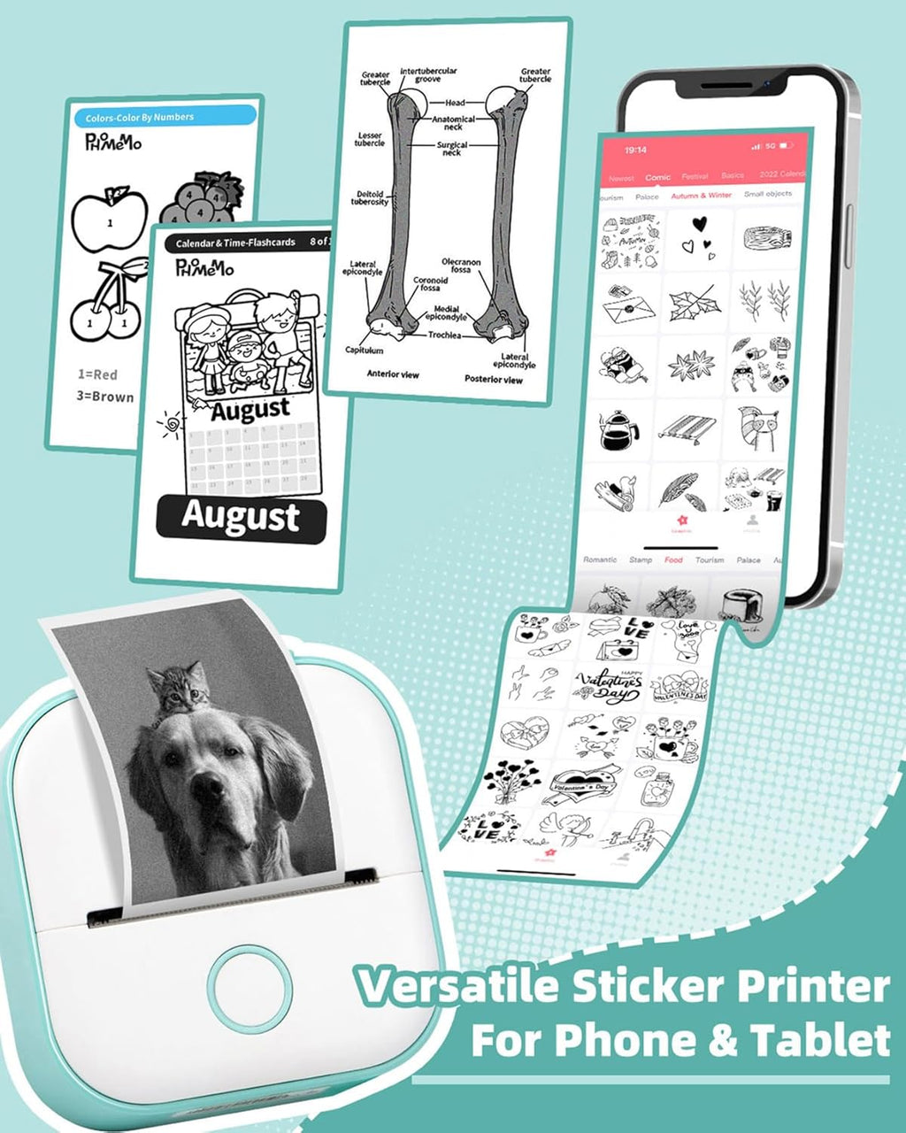 Memoking Sticker Printer - T02 Mini Printer Print Pods Portable Thermal Inkless Sticker Maker Machine Bluetooth Pocket Impresora Portátil Instant Print for Notes, Anatomical Diagrams, Journal,DIY,Gift