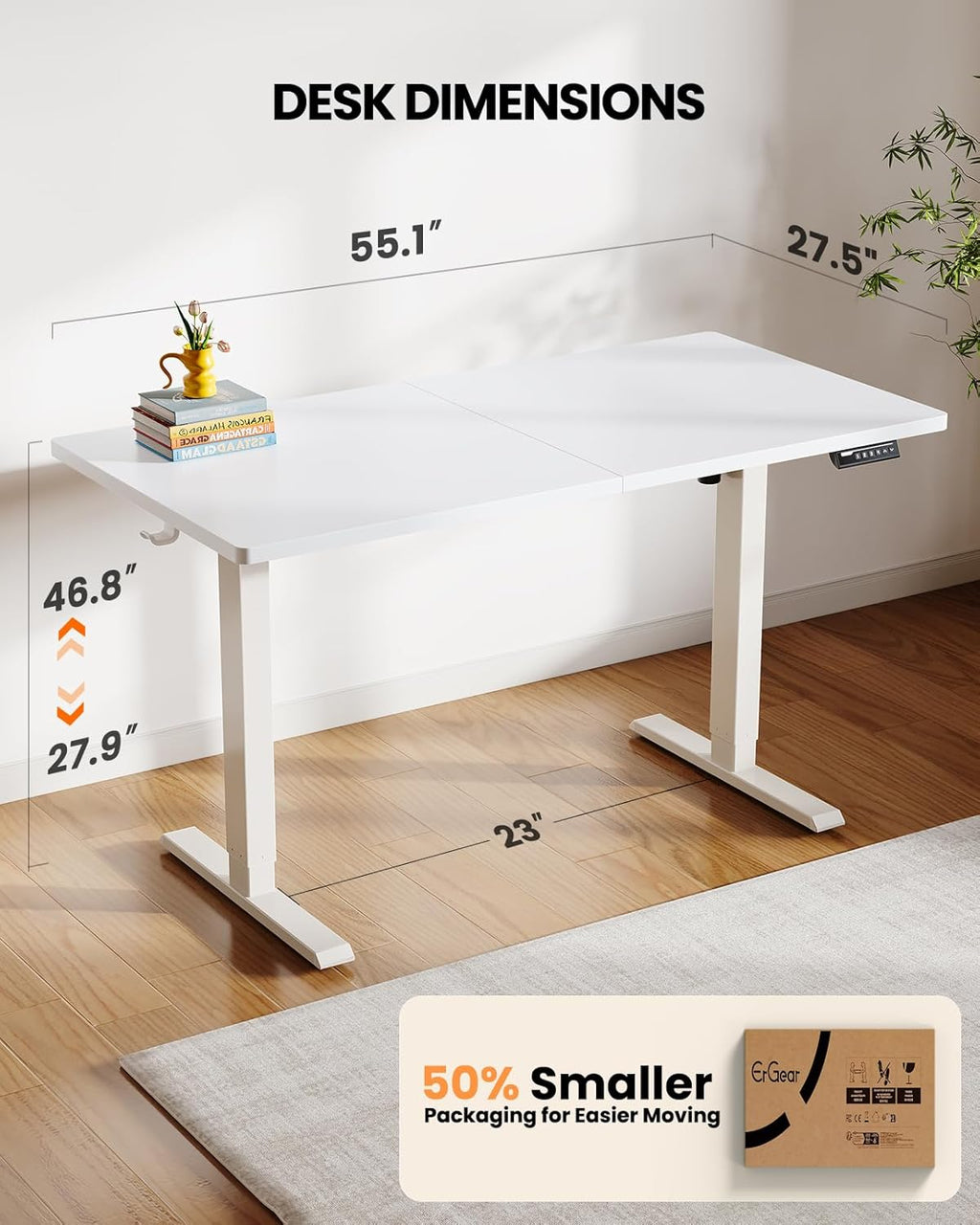 ErGear Electric Standing Desk, 55 x 28 inch Height Adjustable Sit Stand Up Desk, Computer Home Office Desk with 4 Memory Height Buttons, Two Pieces Desktop, White, EGESD112W