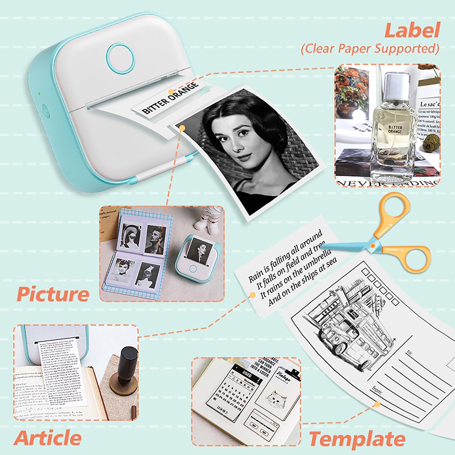 Memoking Sticker Printer - Mini Thermal Sticker Printer, T02 Inkless Pocket Label Maker, Bluetooth Portable Photo Printer, Instant Print Perfect for Students School Supplies,Flashcards, Journals