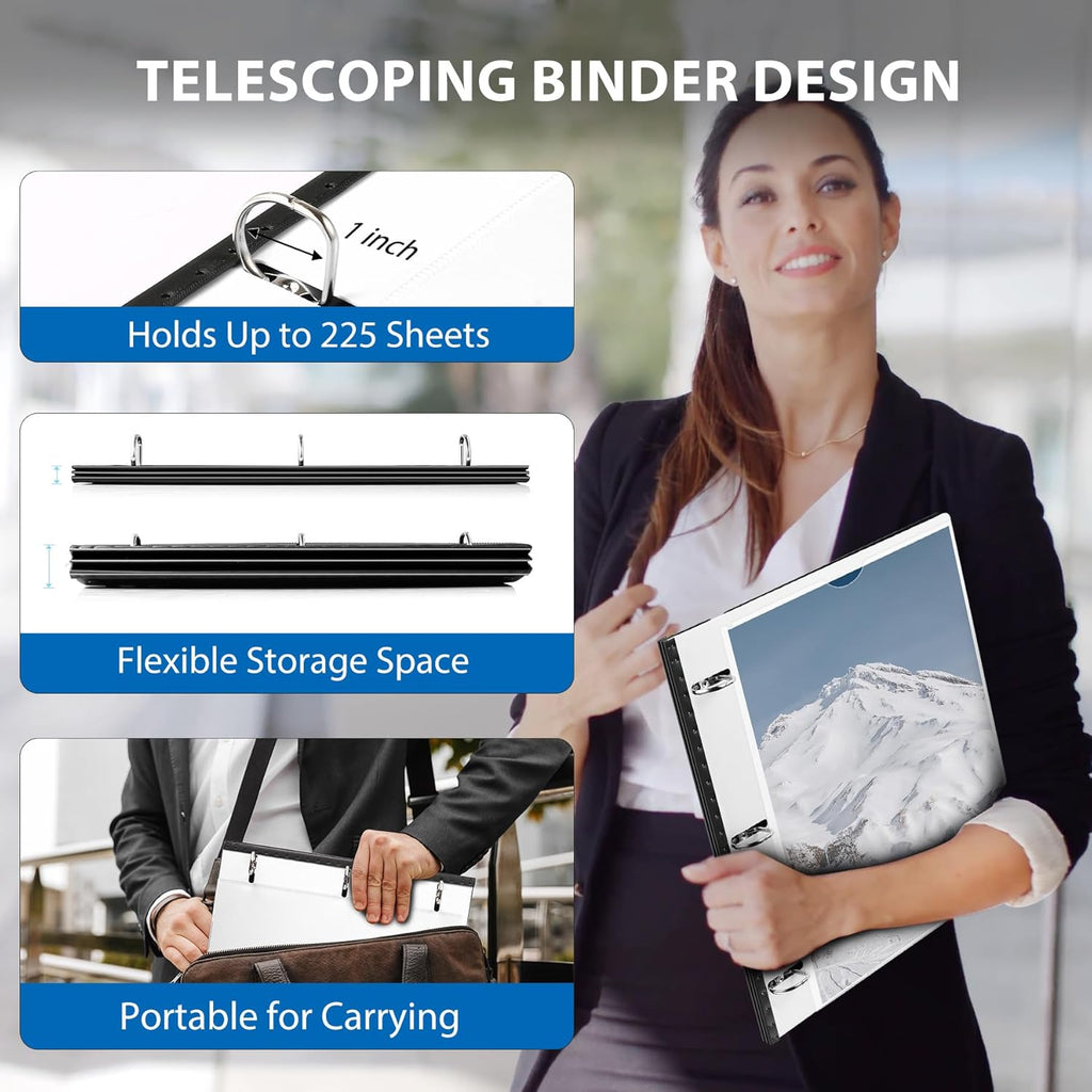 12 Pack Telescoping 3 Ring Binder 1 Inch, Flexible Thin Binder with Customized Front Cover, Holds Up 225 Sheets, School Office Supplies, White