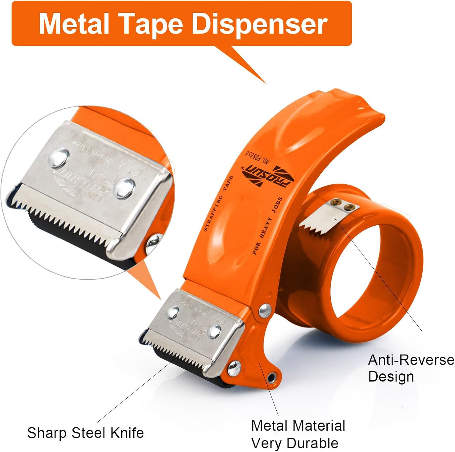 BOMEI PACK Metal Packing Tape Dispenser, 2inch Heavy Duty Handheld Heavy Tape Dispenser, 2Pcs, Orange