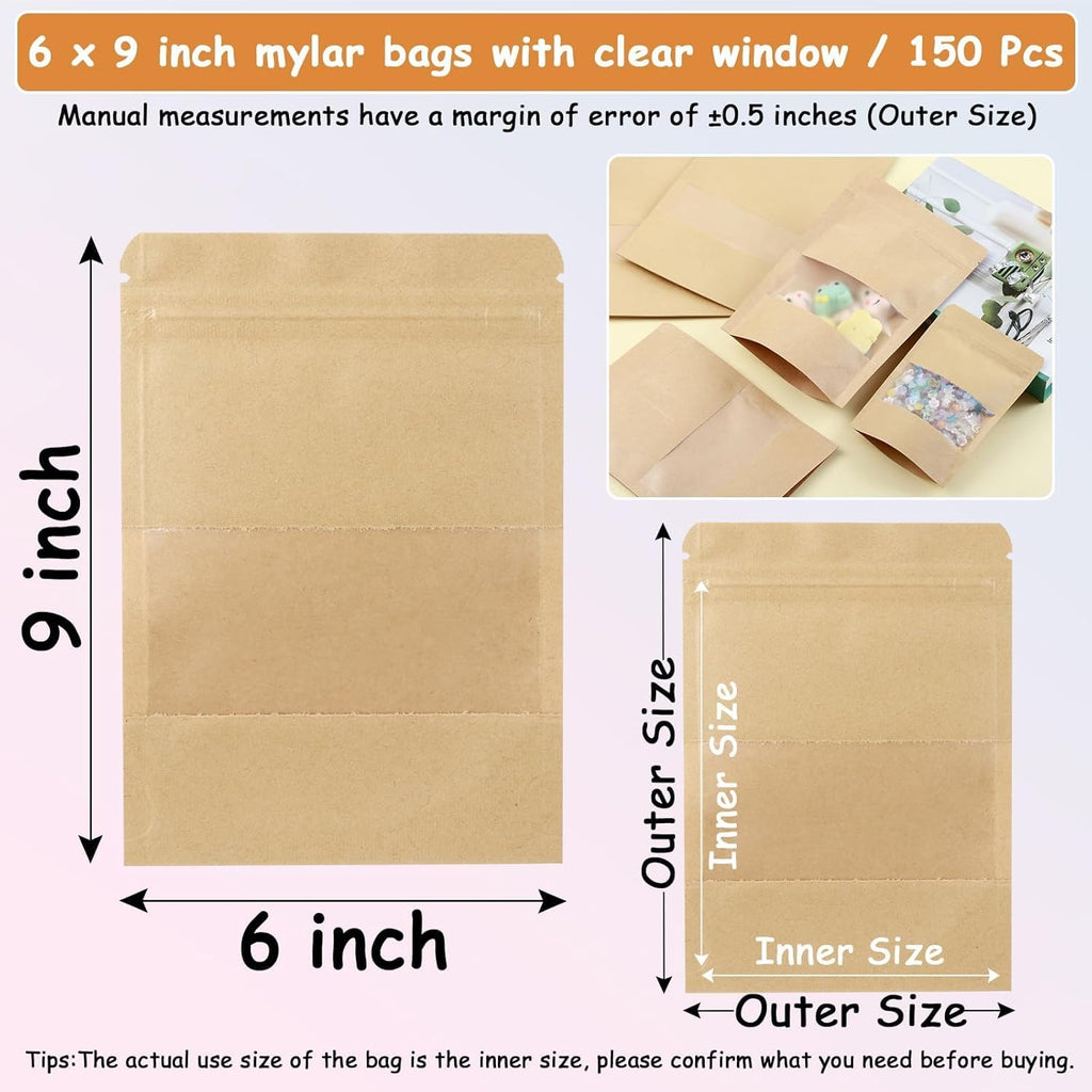 150 Kraft Mylar Bags for Food Storage 6X9 Mylar Bags with Window Candy Packaging Resealable Bags Reclosable Small Stand Up Pouches Edible Packaging, Kraft Paper Bags for Small Business