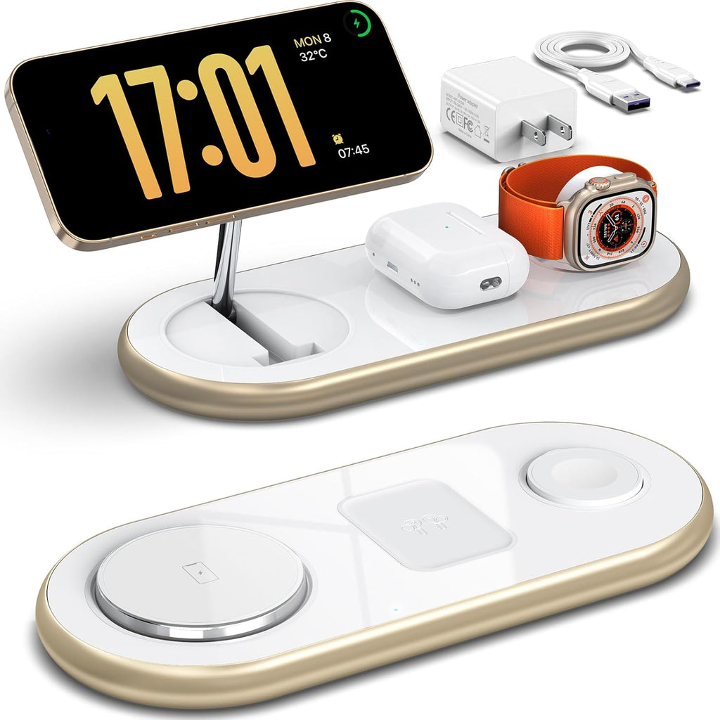 Magnetic Charging Station, 3 in 1 Faster Mag-Safe Wireless Charger Stand, Wireless Charging Pad for Apple Devices, iPhone 16/15/14/13/12 Series, iWatch Series, AirPods (Golden)
