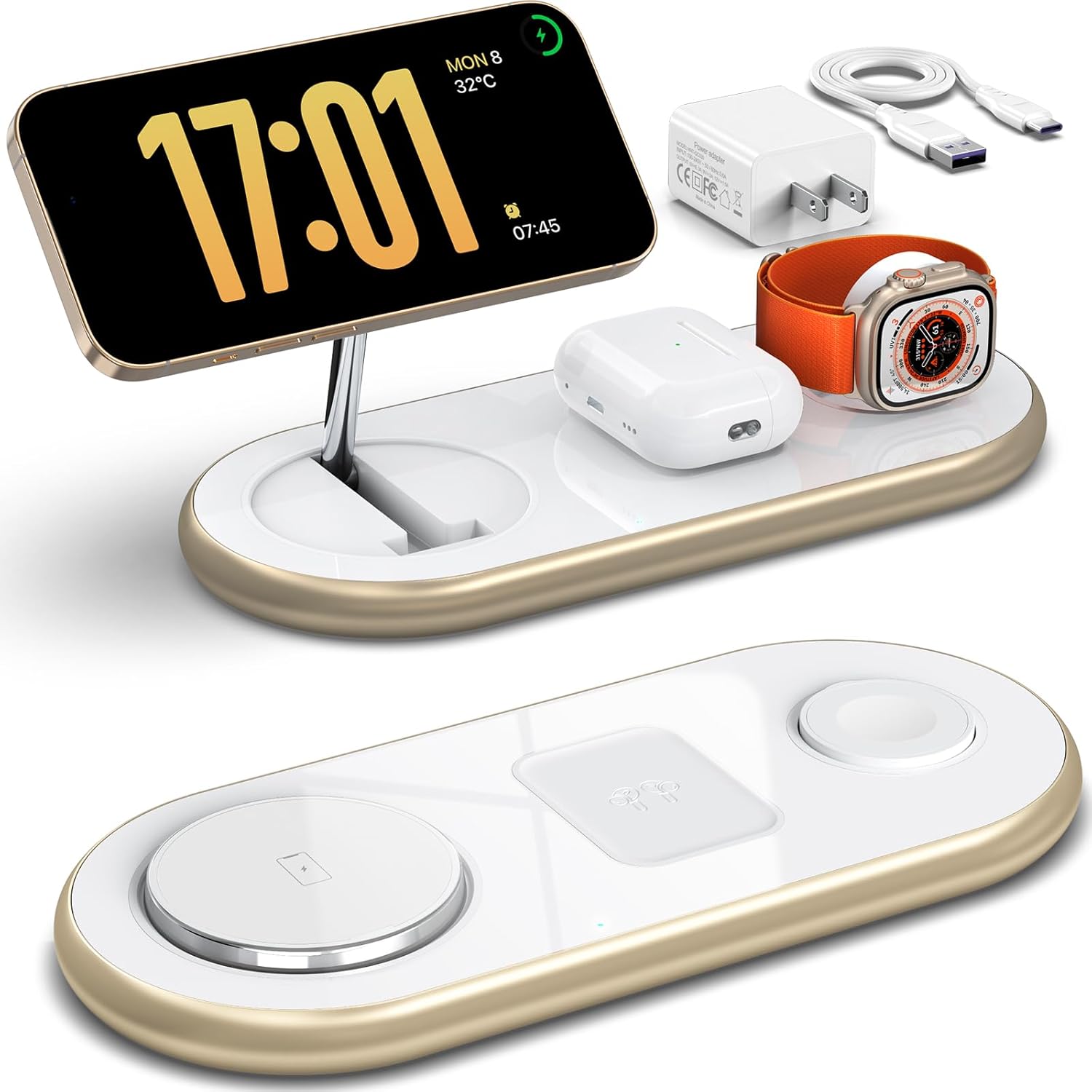 Magnetic Charging Station, 3 in 1 Faster Mag-Safe Wireless Charger Stand, Wireless Charging Pad for Apple Devices, iPhone 16/15/14/13/12 Series, iWatch Series, AirPods (Golden)