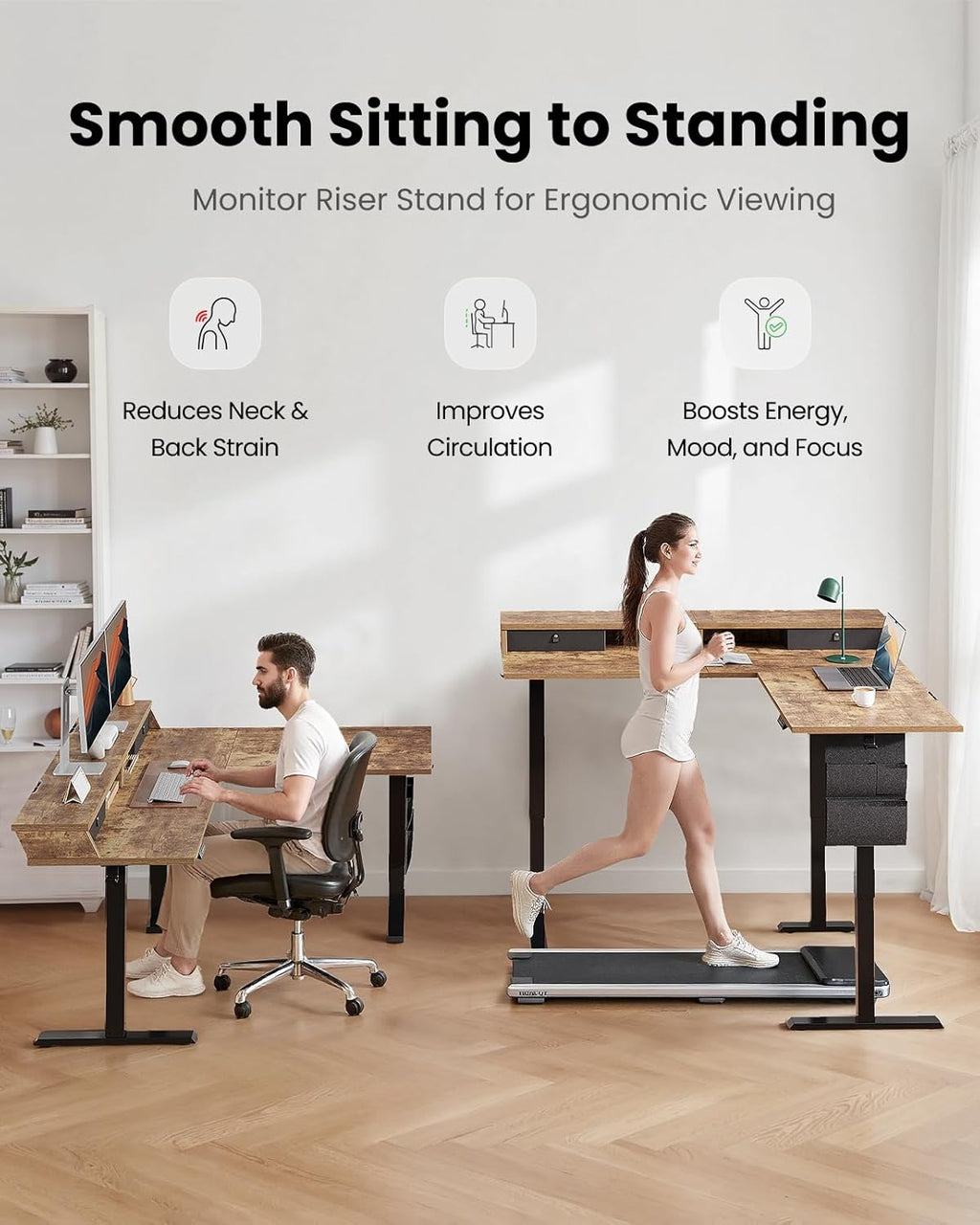 ErGear L Shaped Electric Standing Desk, 63" Ergonomic Corner Height Adjustable Desk with Drawers, Sit Stand Computer Table with Storage for Work Office Home, Vintage Brown