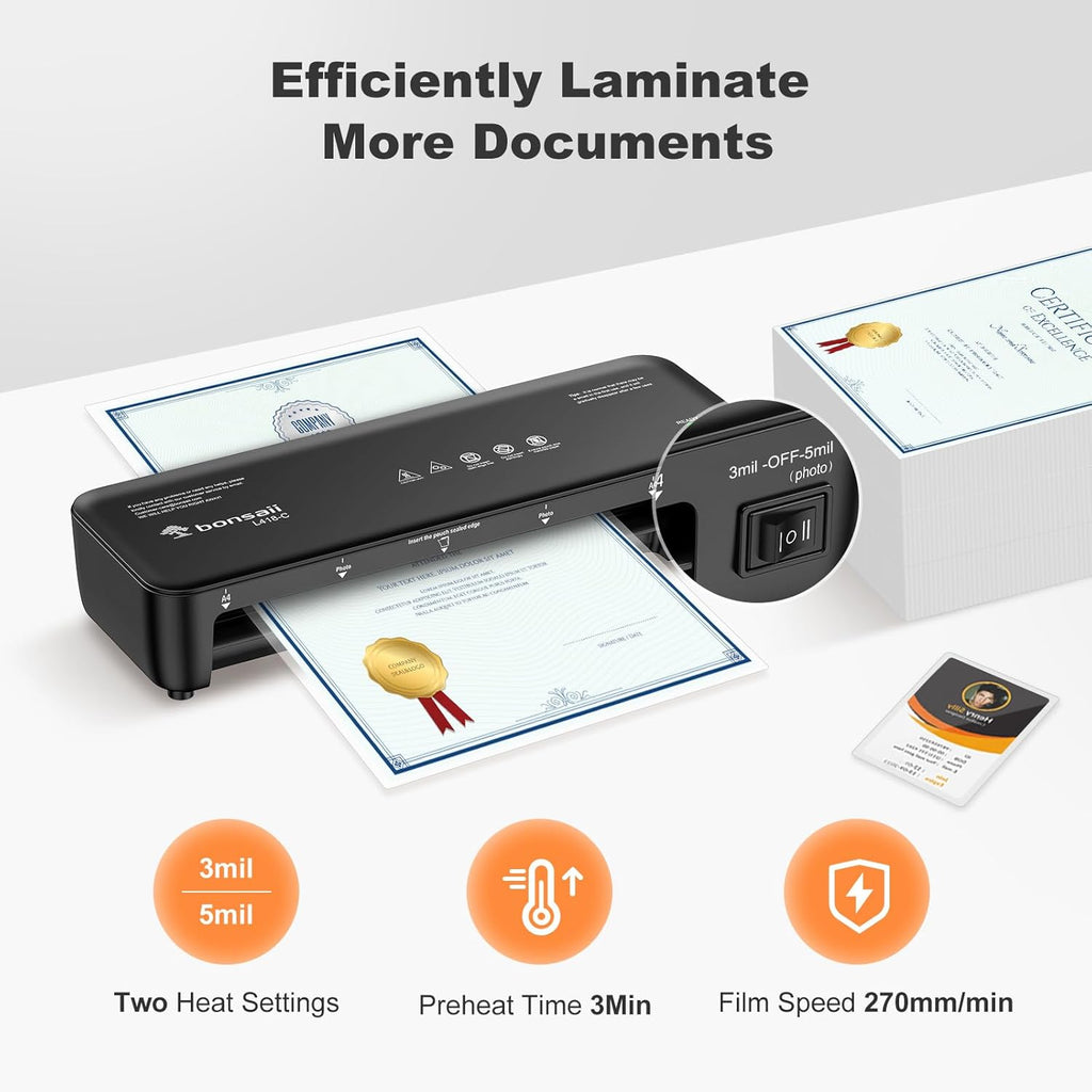 Bonsaii Laminator, 9 Inch Thermal Laminator Machine with Never Jam Technology for Doc/Posters/Photo, Personal Laminating Machine Simple Convenient for Home, Office and School Black