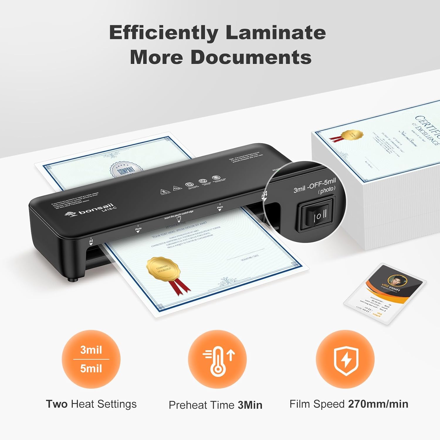 Bonsaii Laminator, 9 Inch Thermal Laminator Machine with Never Jam Technology for Doc/Posters/Photo, Personal Laminating Machine Simple Convenient for Home, Office and School Black