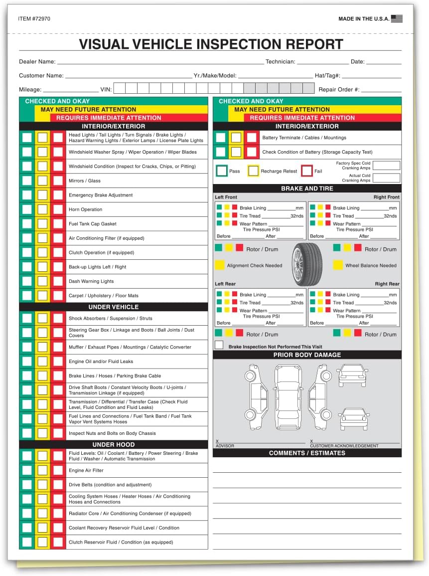 Visual Vehicle Inspection Report – 2-Part Carbonless Vehicle Checklist, Snap-Out Auto Service Forms, Fleet Maintenance Logs, Car Checkup Sheets - White & Canary 8.5"×11" - Pack of 500
