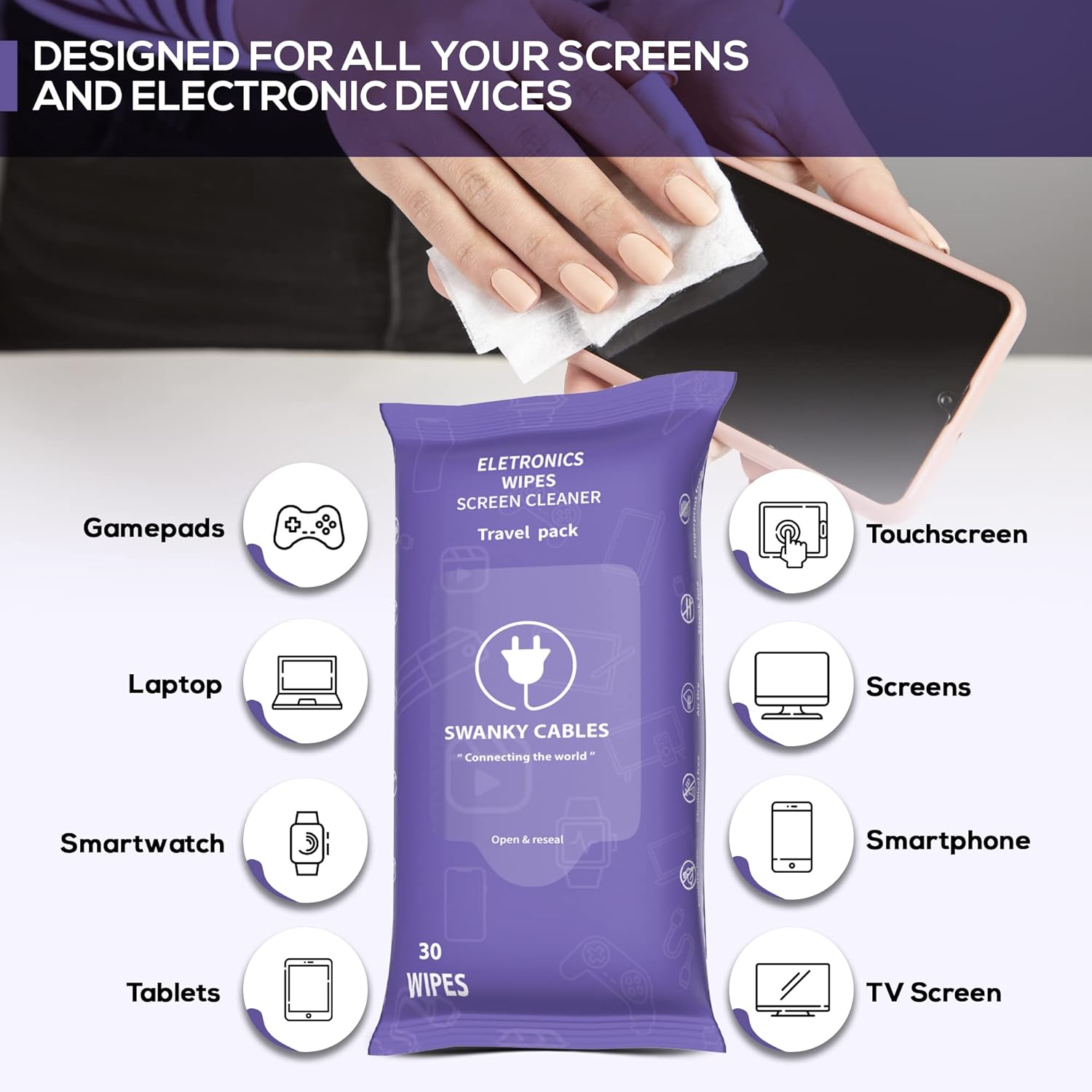 Screen Cleaner Wipes: Electronic Wipes for Screens - Computer Screen Wipes for Lens, Phone, Tv Screen and Monitor Cleaning - Tech Wipes & Microfiber Cloth (Soft Wipes, 30 Count)