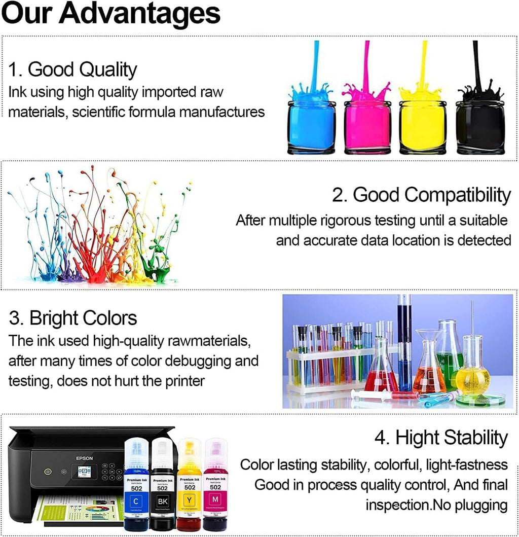 Printers Jack 522 Ink Refill Ink Bottle Kit Compatiable with T522 and Supertank ET-2800 ET-4700 ET-4800 ET-2710 ET-2720, ET-2803 Printer, (2BK C M Y)