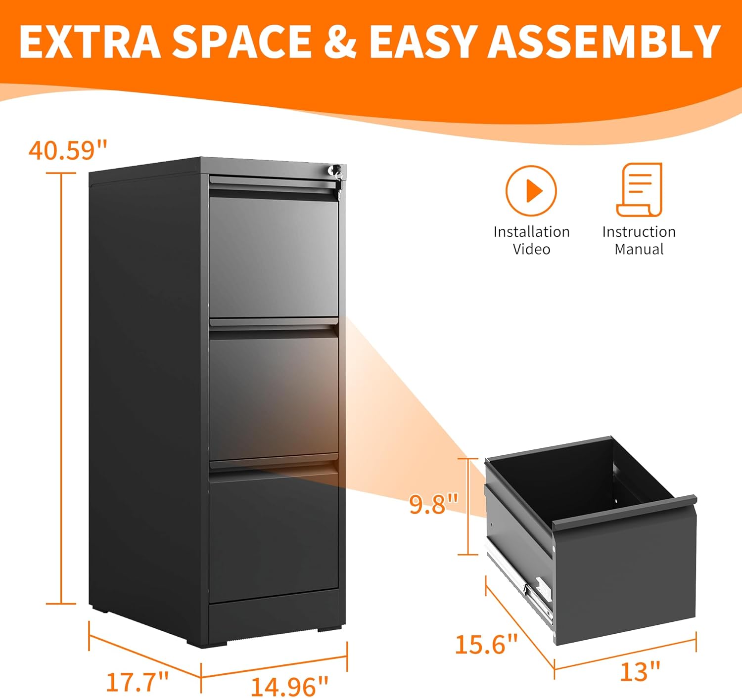 Metal File Cabinet with Drawer Heavy Duty Locking File Cabinets Home Office Steel Filing Cabinet Vertical File Cabinets for Legal/Letter Size File,Assembly Required