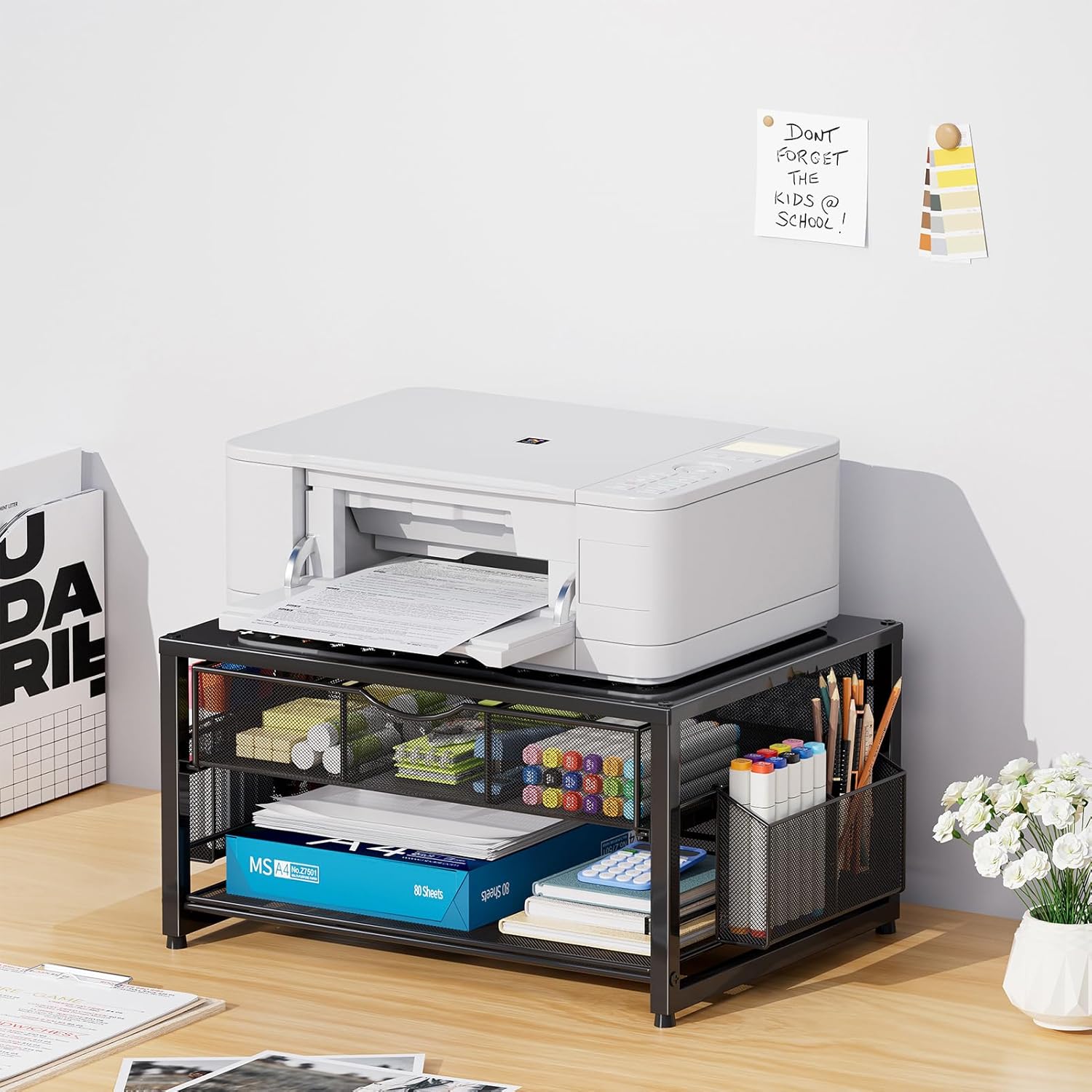 Marbrasse Metal Printer Stand for Desk with Storage Drawer and 2 Pen Holders, 2-Tier Desktop Organizer Printer Table for Home Office, Multi-Purpose Desk Organizer for Fax Machine Scanner Files(Black)