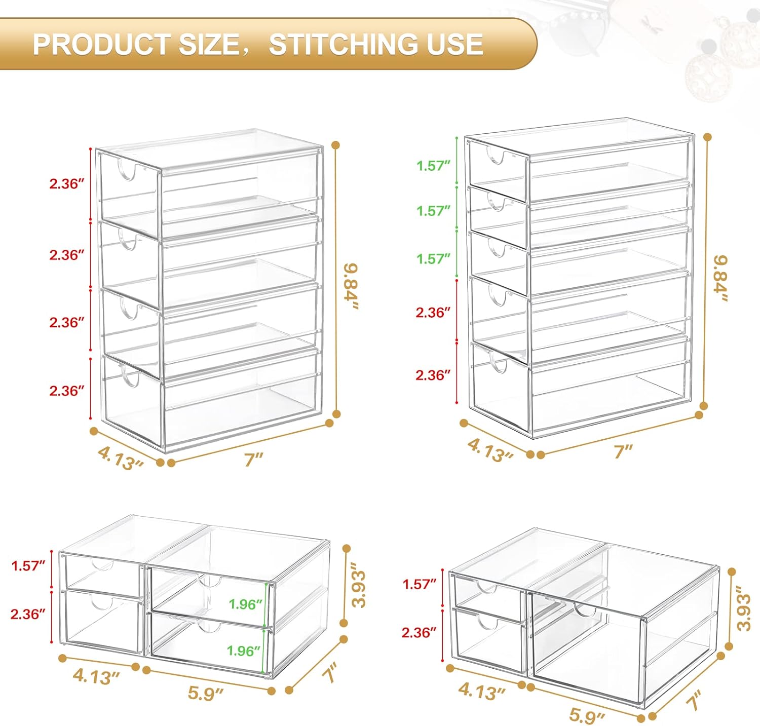 Makeup Organizer Storage With 16 Drawers, 4 Pcs Desktop Office Supplies, Desk Organizers, Clear Accessories, Dustproof Drawer and for Make Up, Jewelry, Pen, Stationary