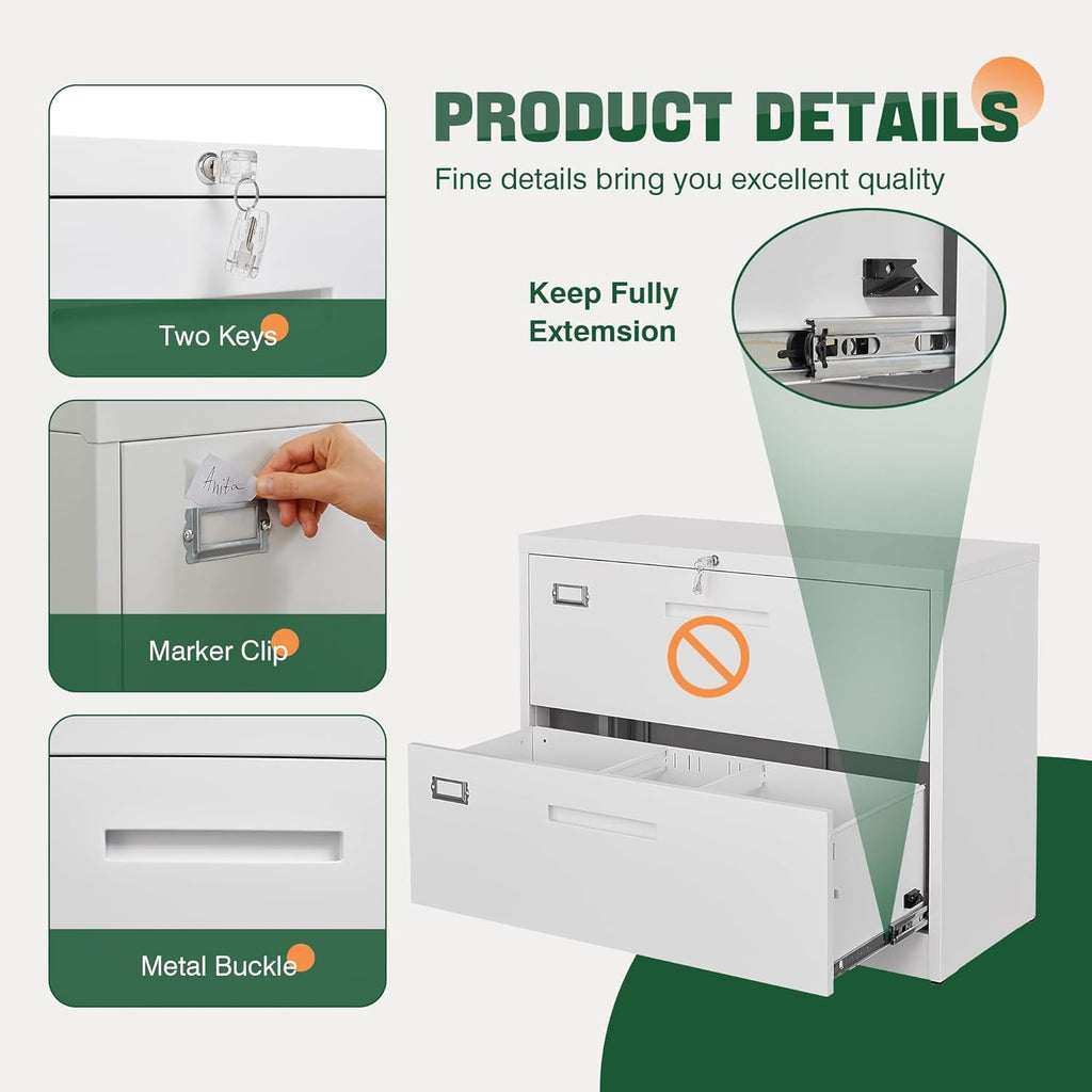 Letaya 2 Drawer Metal Filing Organization Office Cabinets with Lock,Lateral File Cabinets for Home Office Hanging Files Letter/Legal/F4/A4 Size (2 Drawer-White)