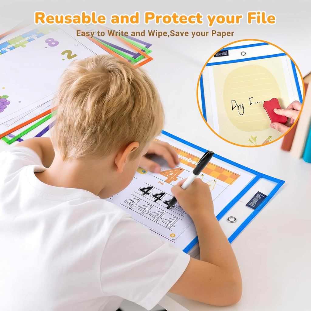 Gamenote 10 Pack Dry Erase Pockets with 5 Rings, 10 Assorted Colors 10x14 Oversized Reusable Plastic Sleeves, Clear Sheet Protectors, Teacher Supplies for Classroom Organization