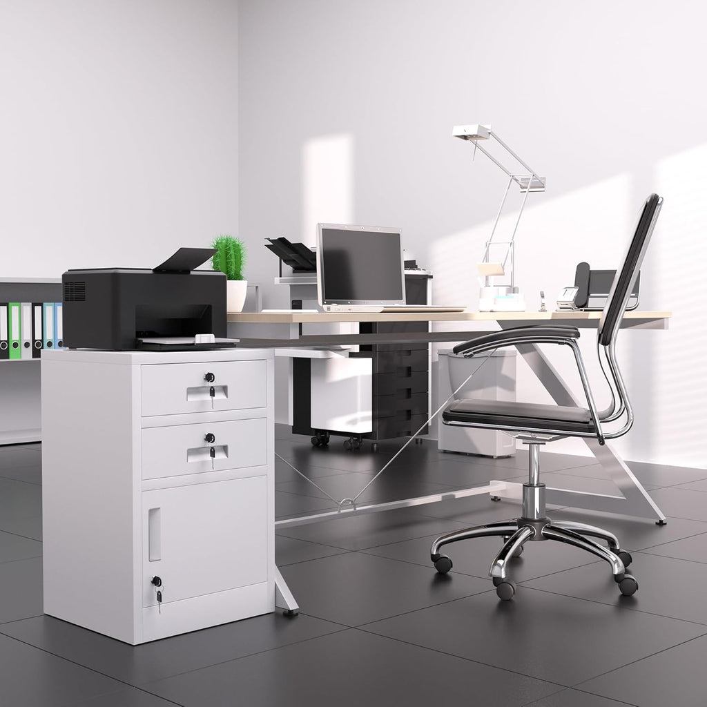 Metal Storage Cabinet with Locking Door and 2 Lockable Drawers for Home Office Bedroom Living Room (White)