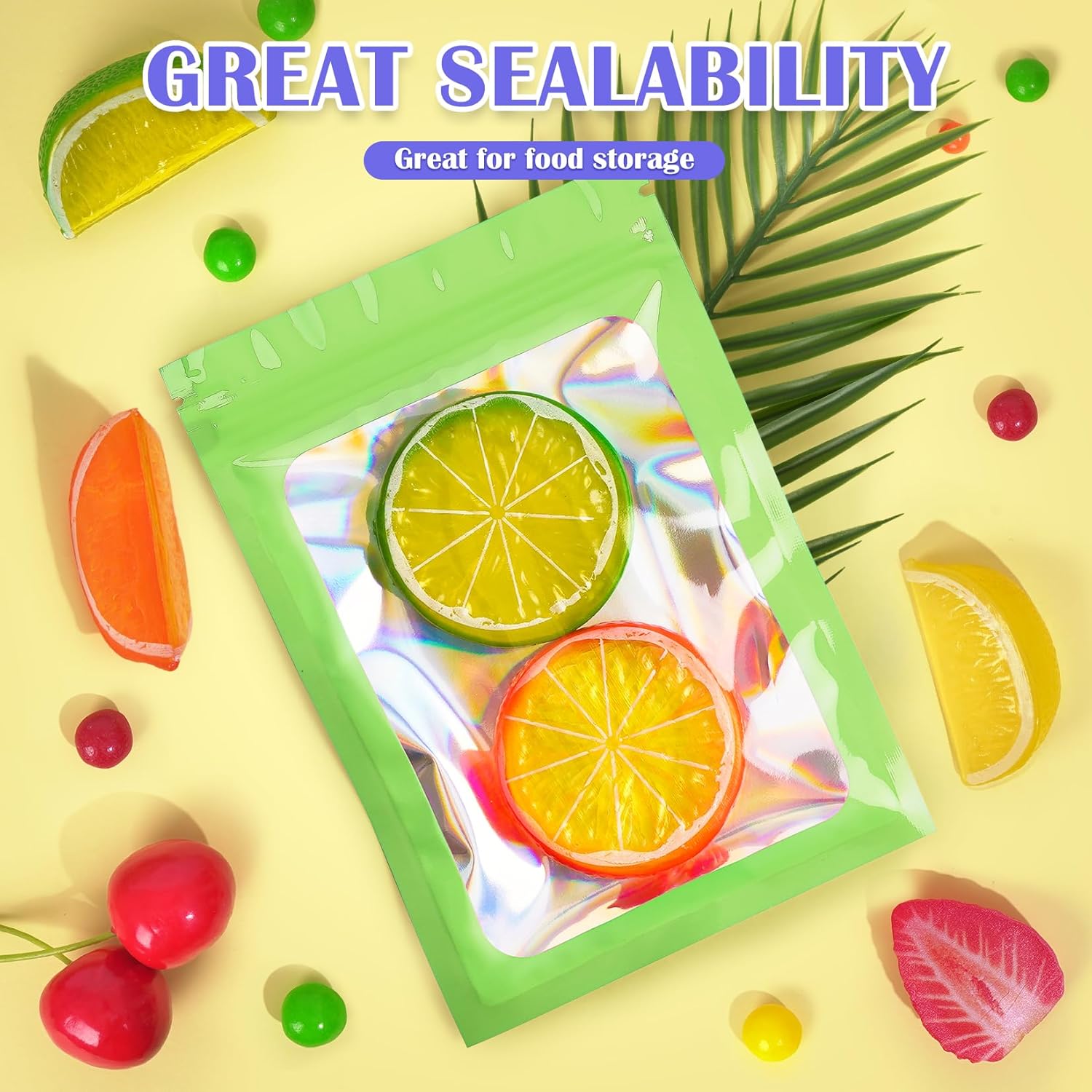 100 Pcs Mylar Bags, Smell Proof Bags Foil Pouch, Holographic Resealable Bags for Small Business, Candy Sample Jewelry Bag Sealable Packaging for Party Favor Food Storage (5.5x7.9in-Green)