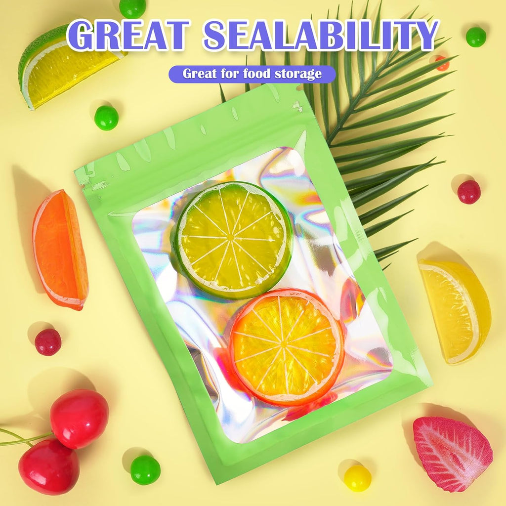 100 Pcs Mylar Bags, Smell Proof Bags Foil Pouch, Holographic Resealable Bags for Small Business, Candy Sample Jewelry Bag Sealable Packaging for Party Favor Food Storage (4x6in-Green)