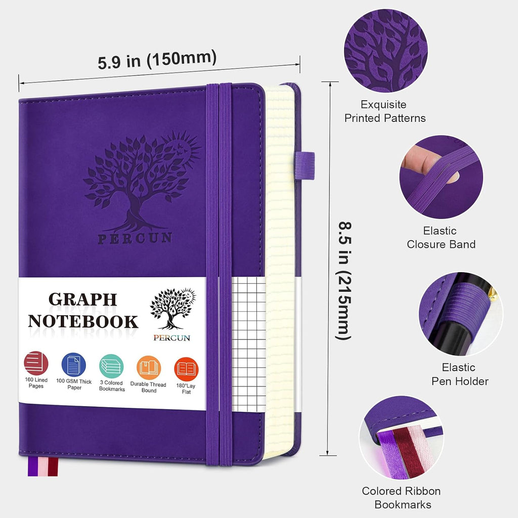 PERCUN Graph Paper Notebook, 160 Pages Grid Journal for women & men, A5 Hardcover Leather Graphing Notebook for School, Work, Travel, Note Taking 5.9”x8.5” (Purple)