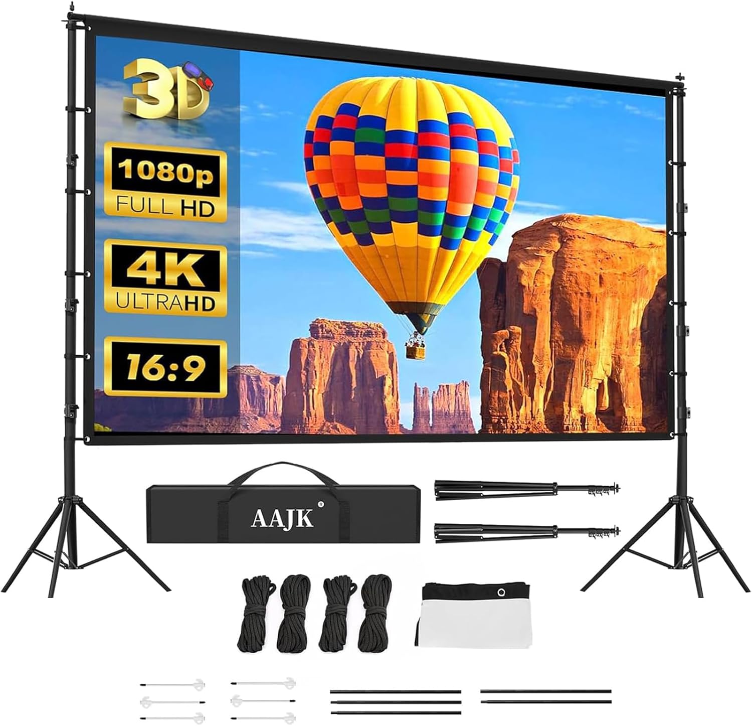 AAJK 150in Projector Screen with Stand,Portable 16:9 4K HD Indoor Outdoor Projection Screen with Wrinkle-Free Design, Ideal for Home Theater and Backyard Cinema – Includes Carry Bag