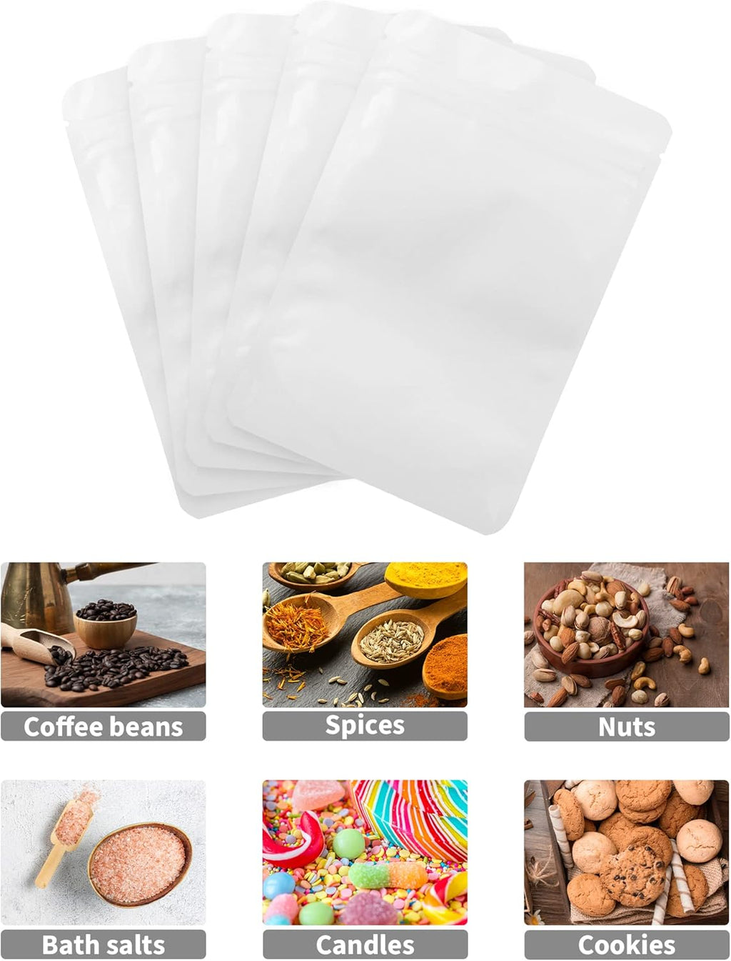 100 Pack Resealable Stand Up Bags,6.3" x 9.4" Smell Proof Pouch Sealable Foil Pouch Bags for Packaging (White)