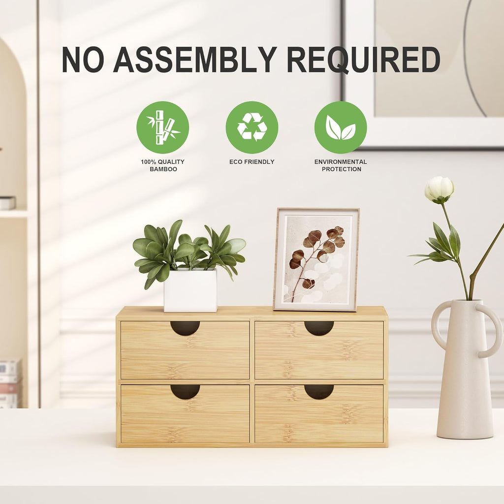 Bamboo Desk Organizer with Drawers - Small Desktop Countertop Mini Tabletop Storage Container - No Assembly Required
