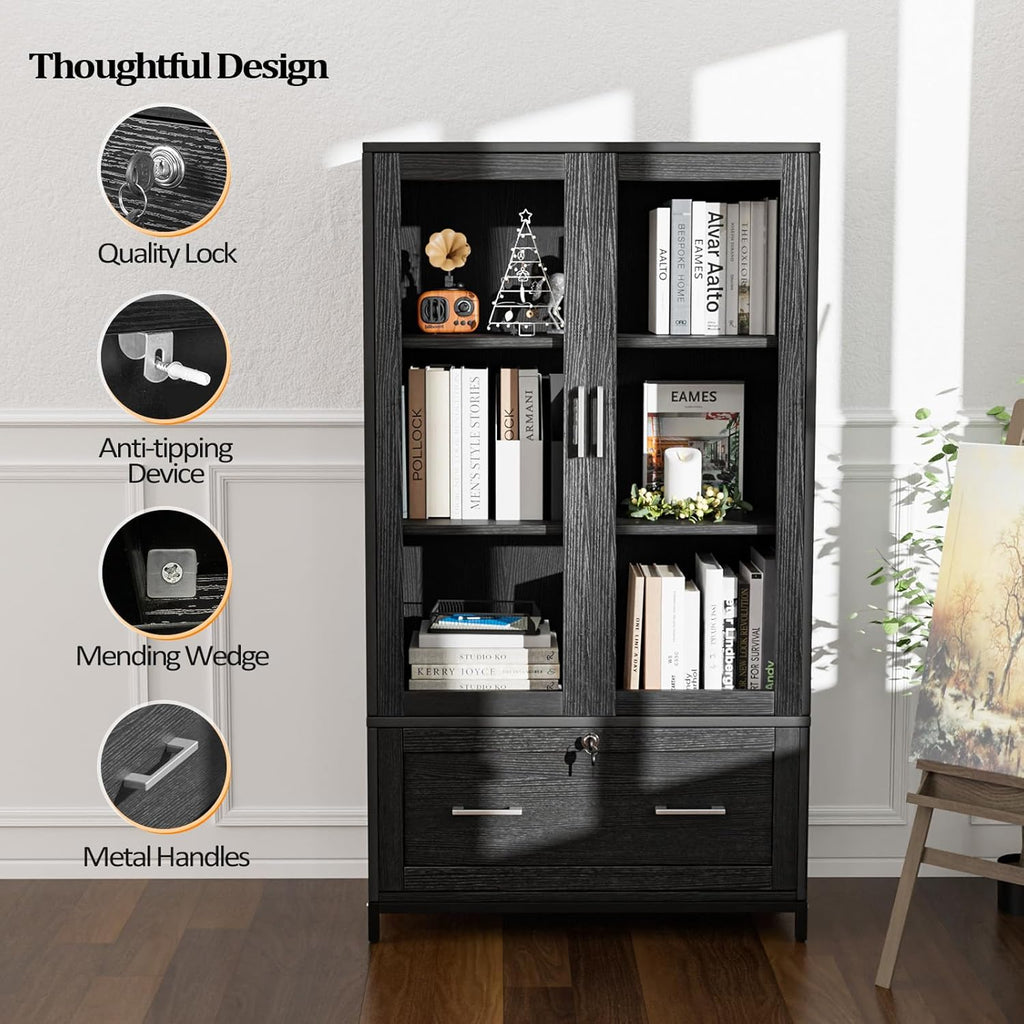 VINGLI Lateral File Cabinet with Glass Doors and Locking Drawer for Hanging File Folders, Bookshelf with Adjustable Shelves for Home Office (Black, 30''W x 16''D x 55''H)