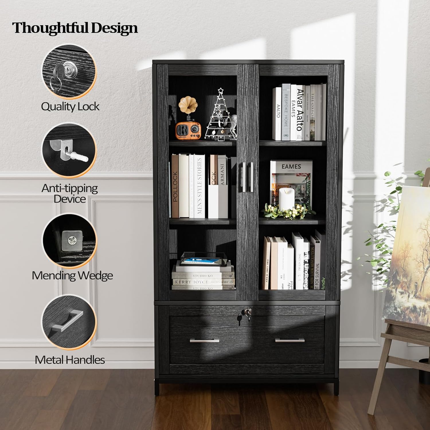 VINGLI Lateral File Cabinet with Glass Doors and Locking Drawer for Hanging File Folders, Bookshelf with Adjustable Shelves for Home Office (Black, 30''W x 16''D x 55''H)
