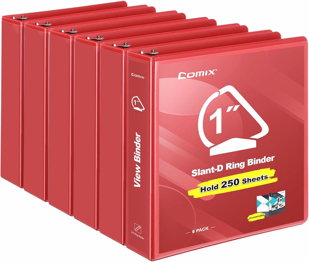 COMIX Sturdy 1 Inch Binders 3 Ring with Clear View Cover, 1" Slant-D Ring View Binder Holds 225 Sheets of US Letter Size Paper, 6 Pack (Red)