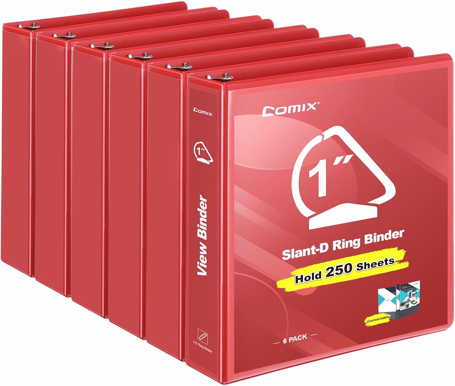 COMIX Sturdy 1 Inch Binders 3 Ring with Clear View Cover, 1" Slant-D Ring View Binder Holds 225 Sheets of US Letter Size Paper, 6 Pack (Red)