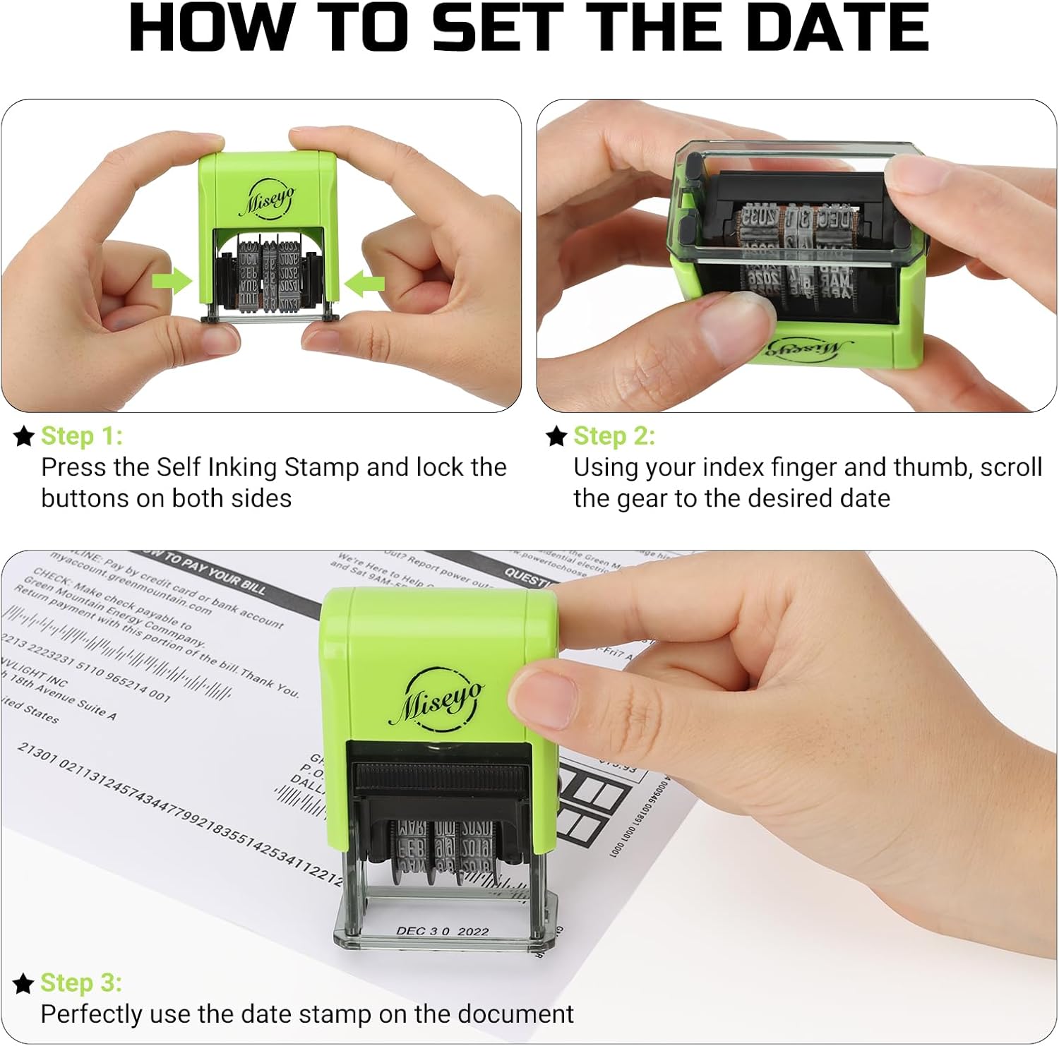 Miseyo Self Inking Date Stamp - Green (2 Black Refill Ink pad Included)