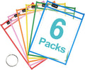 SUNEE 6 Packs Oversized Reusable Dry Erase Pocket Sleeves with Binder Ring, 6 Assorted Colors 10x14 Ticket Holders, Clear Plastic Sheet Protectors, Teacher School Classroom Supplies