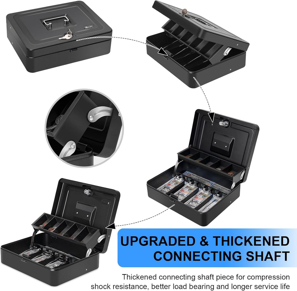 Cash Box Key Lock on Top, 11.8L x 9.5W x 3.5H Inches, Black Metal Money Box with Tray,Tiered Locking Cash Boxes,Durable Lock Safe Box with Key,4 Bill / 5 Coin Slots,Large