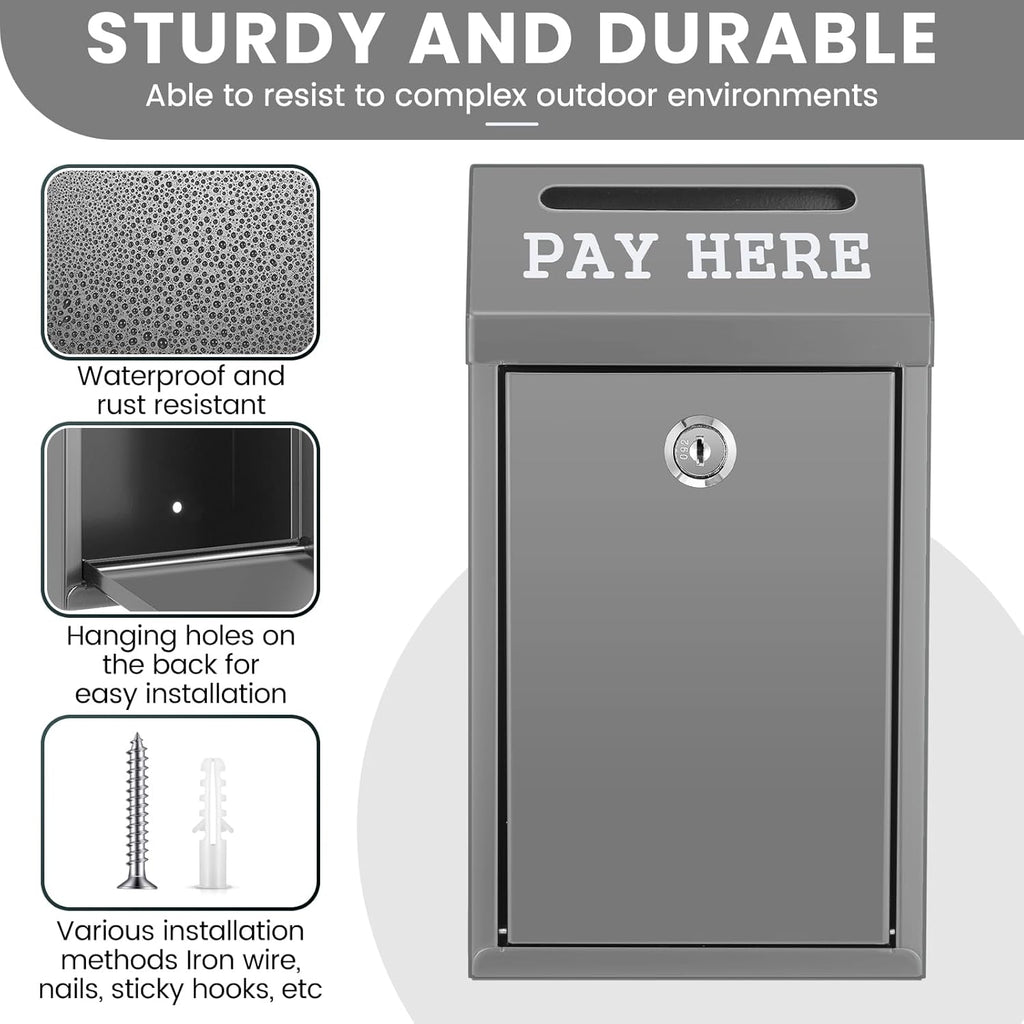 Safe Cash Box Money Collection Metal Donation Box with Lock Wall Mount Pre Drilled Mailbox Delivery Ballot for Home Office Outdoor Self Serve Stand(Grey,10.2 x 5.7 x 2.8 Inch)