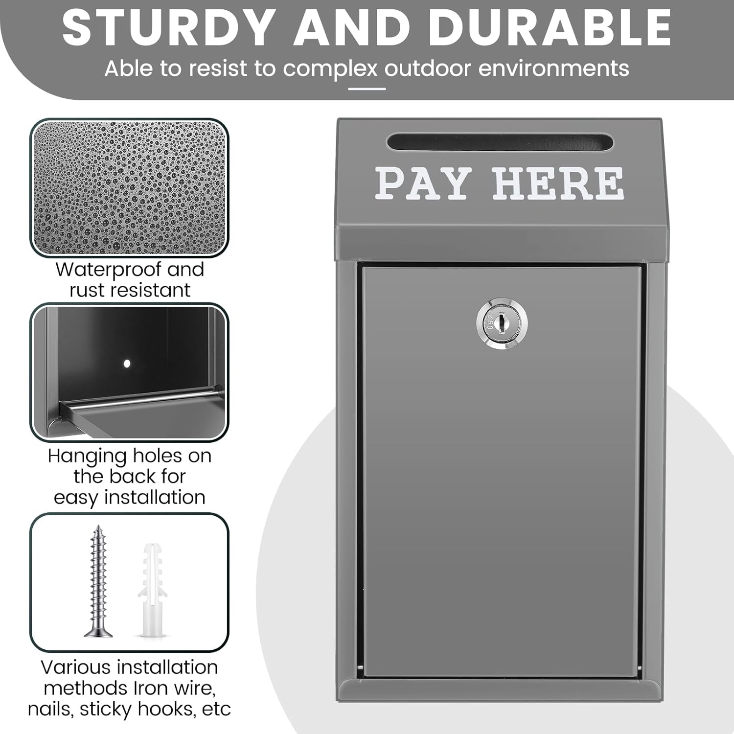 Safe Cash Box Money Collection Metal Donation Box with Lock Wall Mount Pre Drilled Mailbox Delivery Ballot for Home Office Outdoor Self Serve Stand(Grey,10.2 x 5.7 x 2.8 Inch)