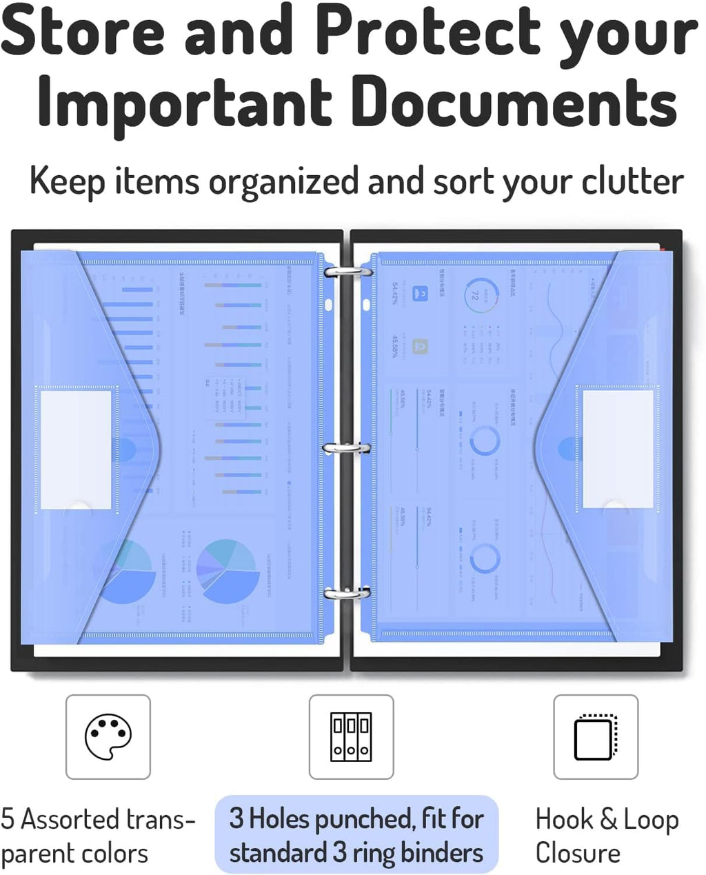 Forvencer Binder Pocket, 4X Regular Capacity, 5 Pack Super Heavyweight Plastic Folders with Tight Closure, Folders with Pockets Side Loading, Binder Organizer, Binder Dividers, Letter Size, Extended