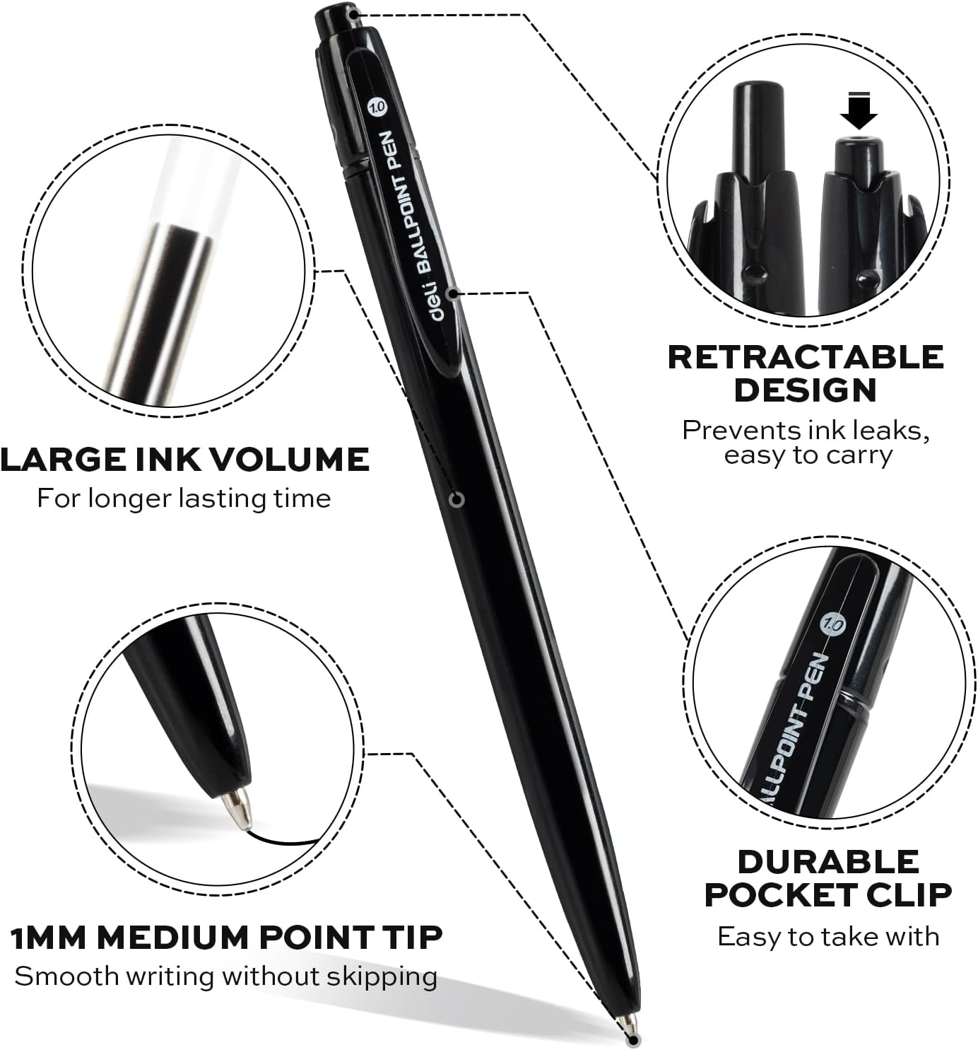 deli Pens Bulk, 50 Pack Retractable Ballpoint Pens, 1.0MM Black Ink,Smooth Writing, No Bleed, Comfortable Grip for Home,Office & School Use