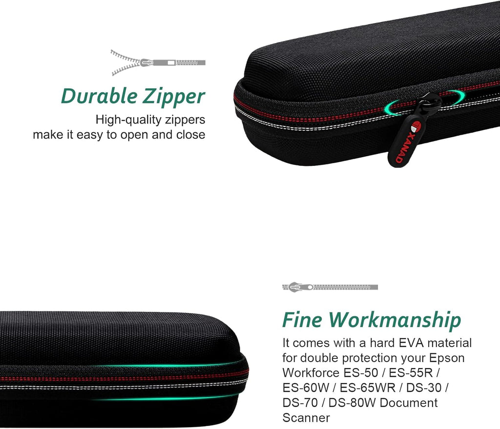 XANAD Black Case for Epson Workforce ES-50 / ES-55R / ES-60W / ES-65WR / DS-30 / DS-70 / DS-80W Document Scanner (Case Only)