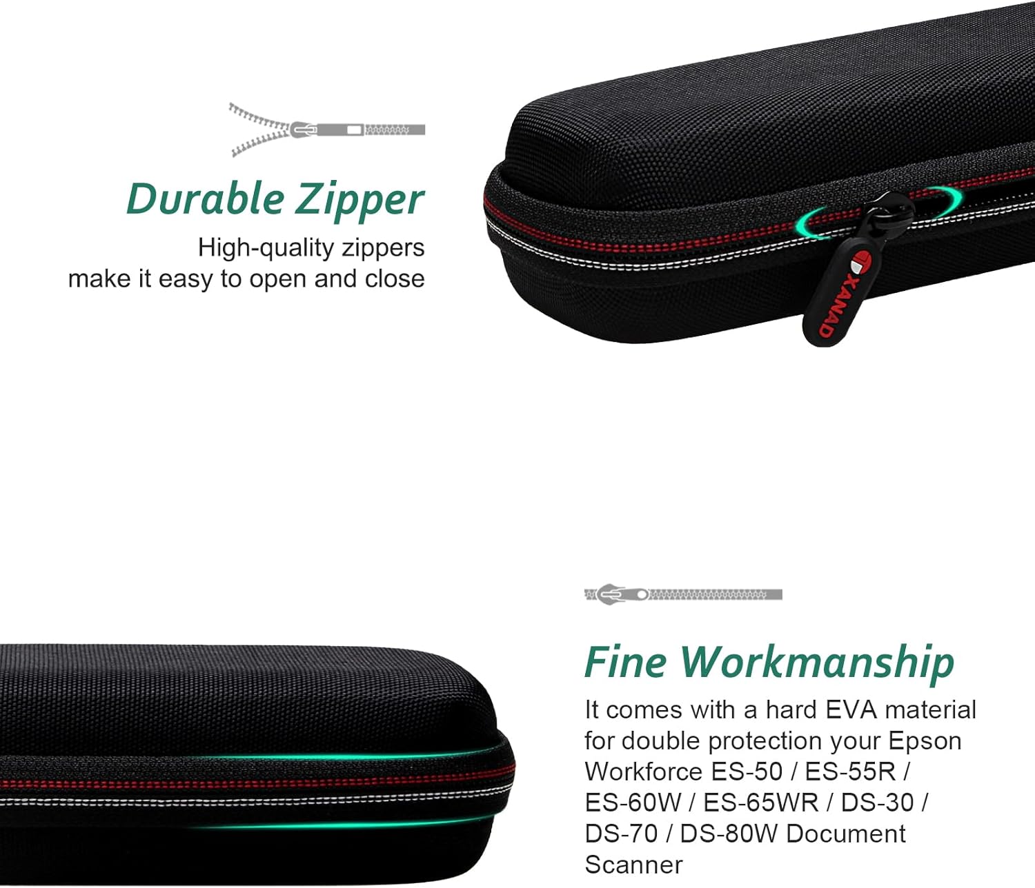 XANAD Black Case for Epson Workforce ES-50 / ES-55R / ES-60W / ES-65WR / DS-30 / DS-70 / DS-80W Document Scanner (Case Only)